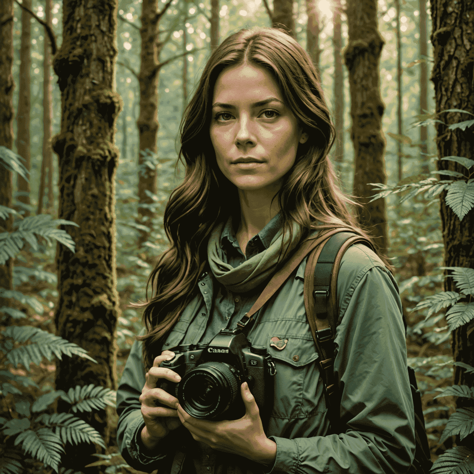 Portrait of Jane Doe, a professional nature photographer with long brown hair and a camera around her neck, standing in a lush forest setting