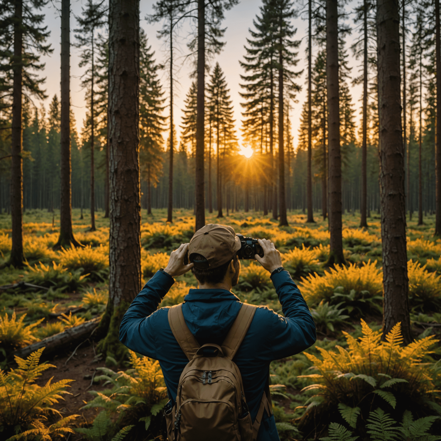 A photographer capturing a sunset in a forest, demonstrating the use of golden hour light for nature photography