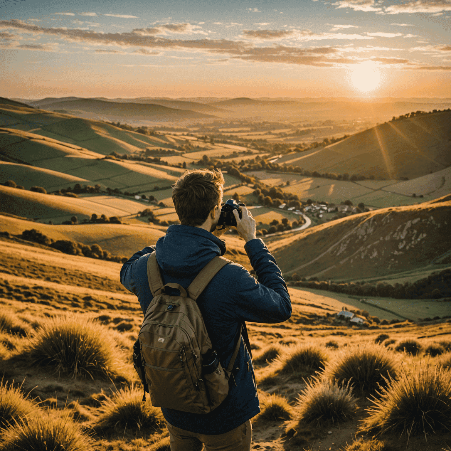 A photographer capturing a stunning landscape at golden hour, demonstrating the use of natural light in outdoor photography