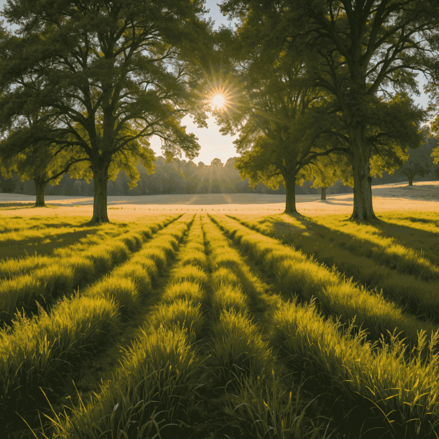 A serene landscape photograph showcasing the golden hour light, with long shadows cast by trees and a warm glow illuminating a meadow