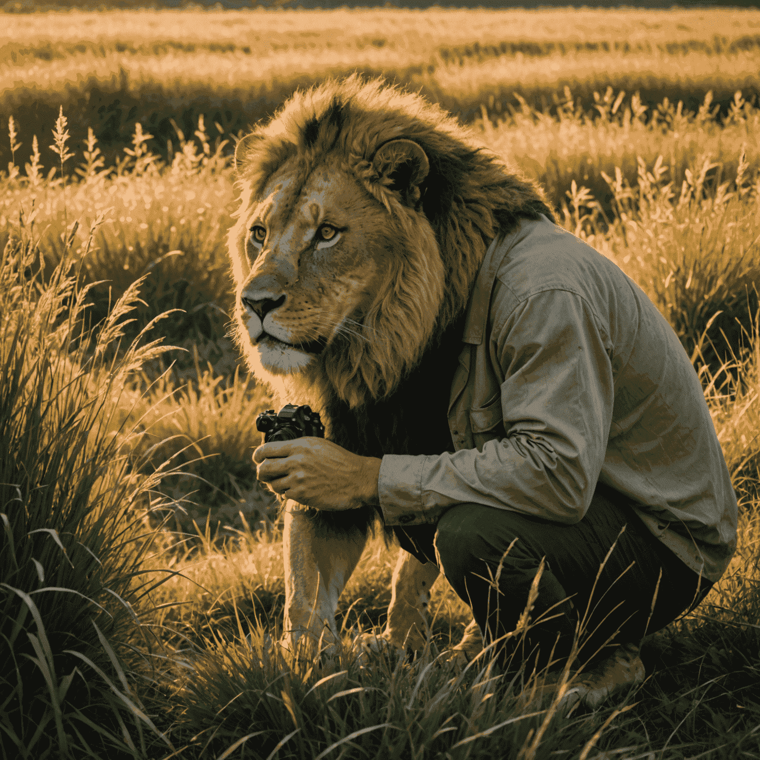 A photographer crouching in tall grass, capturing an image of a majestic lion in the distance during golden hour