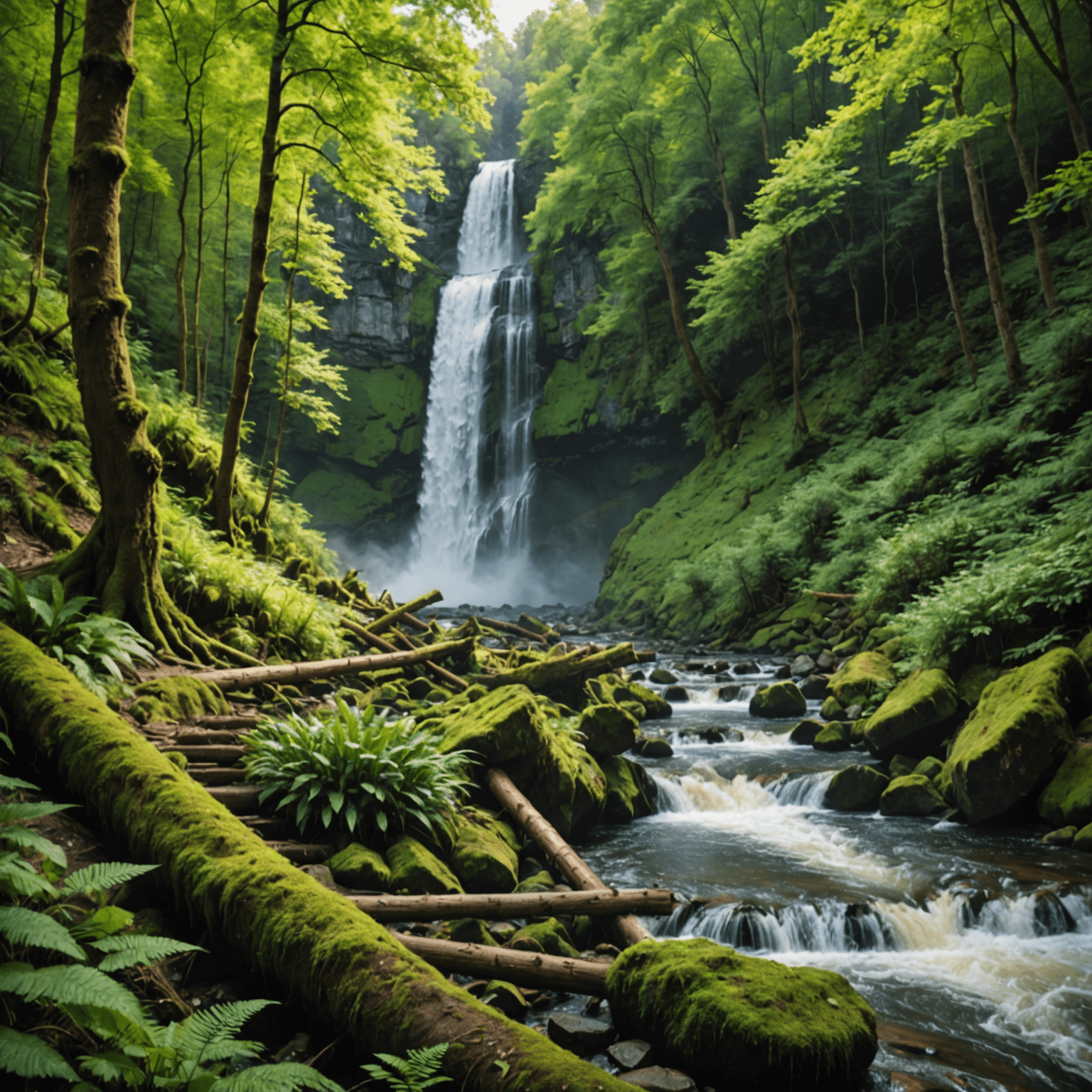 A split-screen image showing a raw nature photograph on the left and its enhanced version on the right. The image depicts a lush forest scene with a waterfall, demonstrating the before and after effects of post-processing.