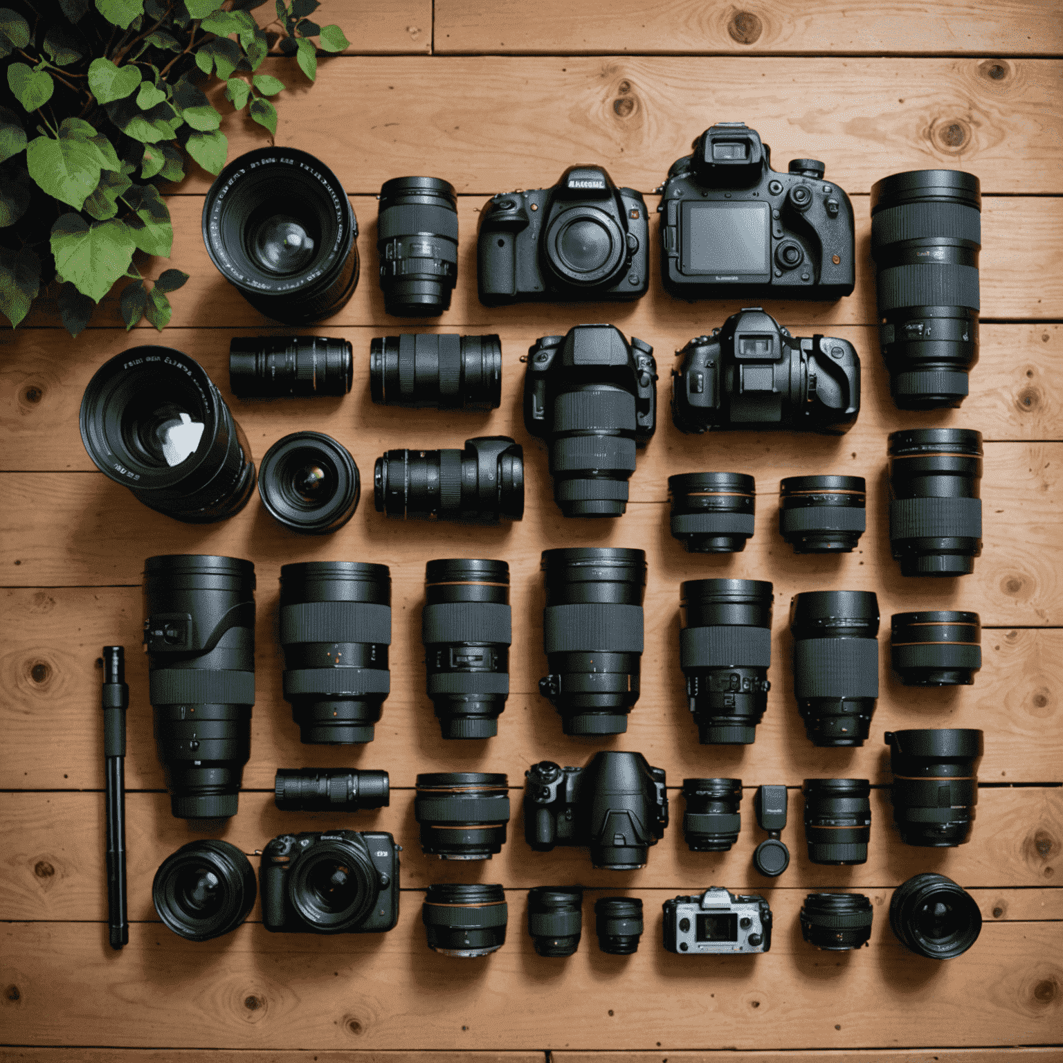 An array of photography equipment including a DSLR camera, various lenses, tripod, and filters laid out on a wooden surface in a natural setting