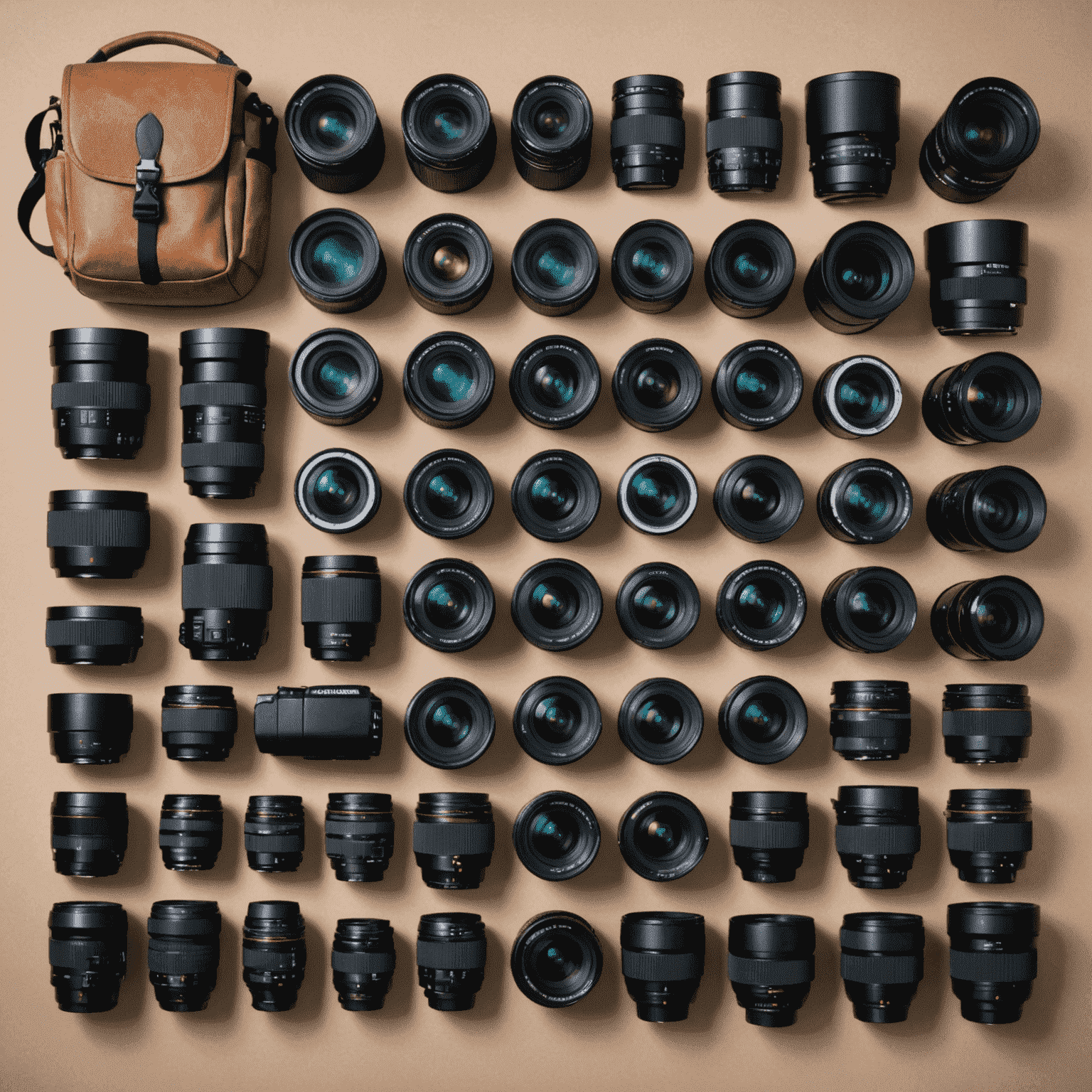 A collection of essential photography gear laid out neatly, including a DSLR camera, various lenses, tripod, and filters