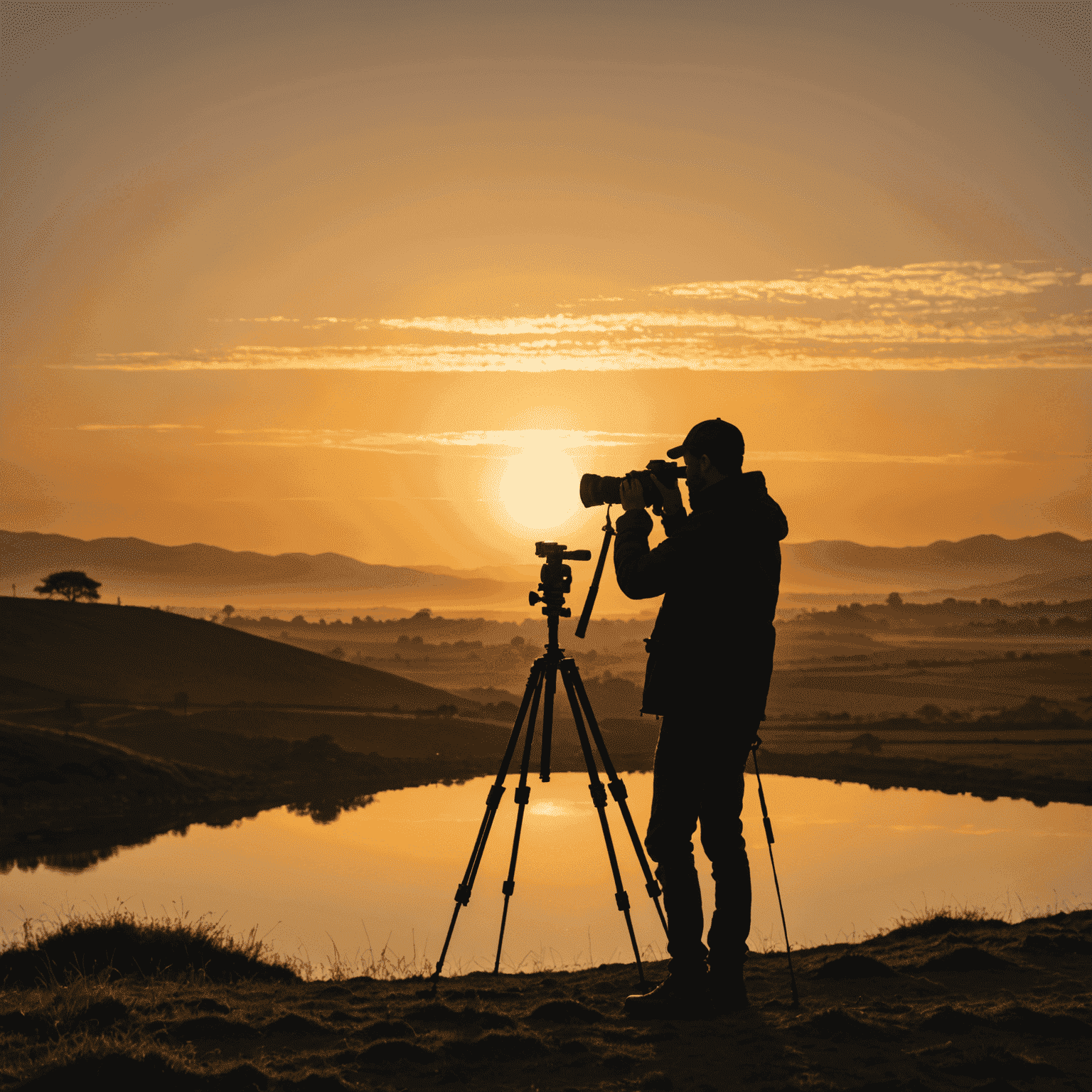 A photographer silhouetted against a golden sunset, capturing a landscape with their camera mounted on a tripod