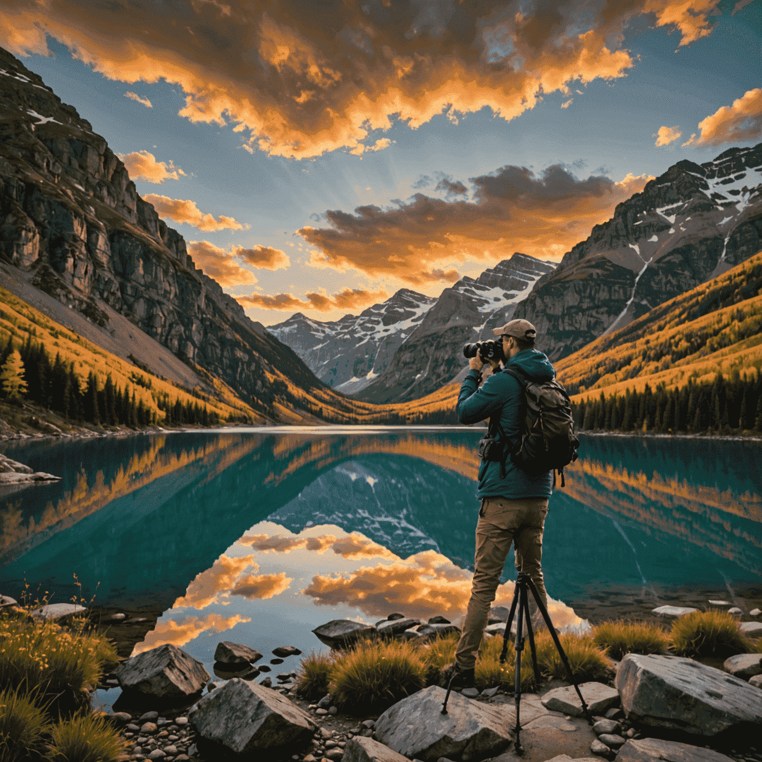 A nature photographer using a tripod-mounted camera with filters to capture a stunning sunset over a mountain lake, showcasing the use of essential gear in action