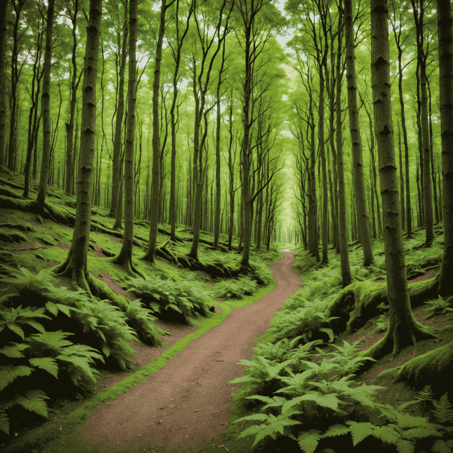 A winding path through a forest, demonstrating the use of leading lines in landscape photography