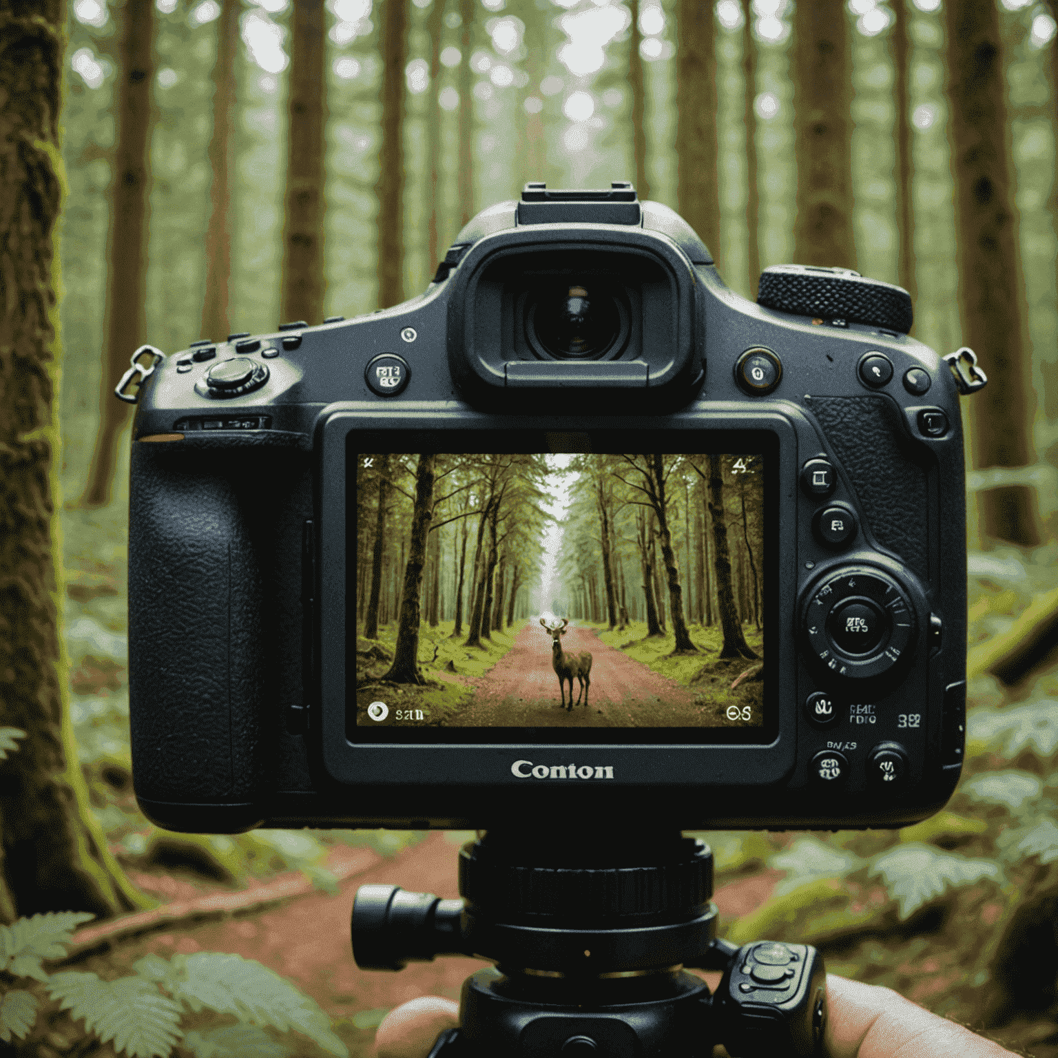 A close-up of a camera's LCD screen showing optimal settings for wildlife photography, with a blurred background of a forest