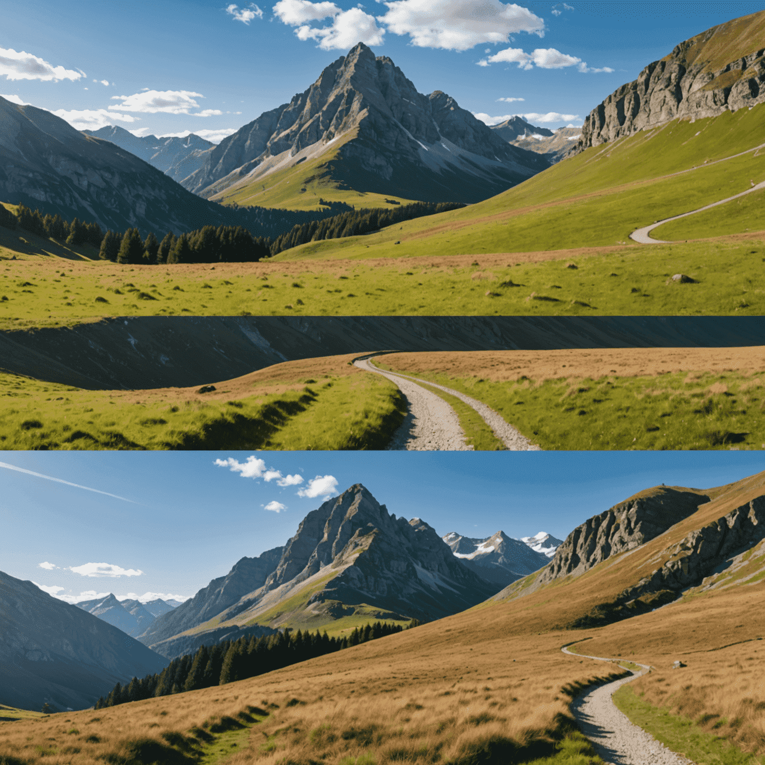 A split-screen image showing a landscape photograph with composition lines overlaid, demonstrating the rule of thirds and leading lines in a mountain scene