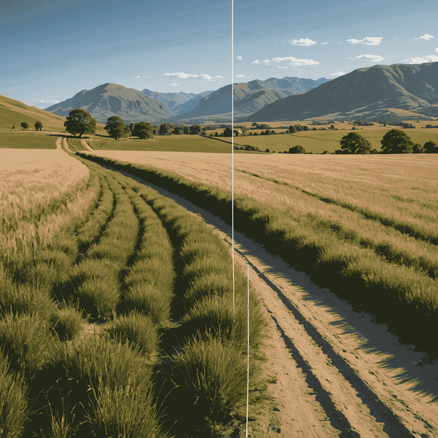 A split-screen image showing a landscape photograph with composition lines overlaid, demonstrating various composition techniques