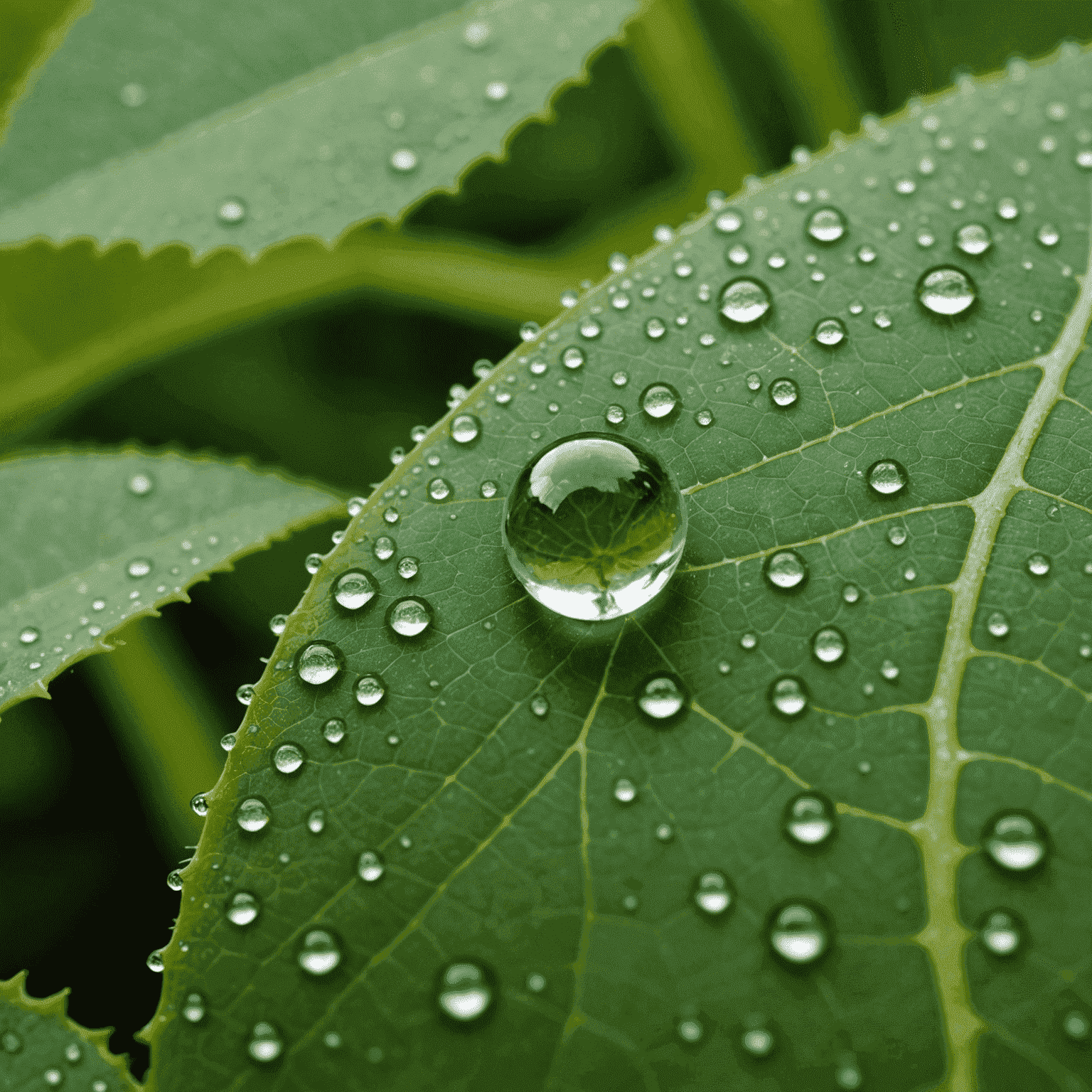 A close-up macro photograph of a dewdrop on a leaf, showcasing the soft, diffused light of an overcast day