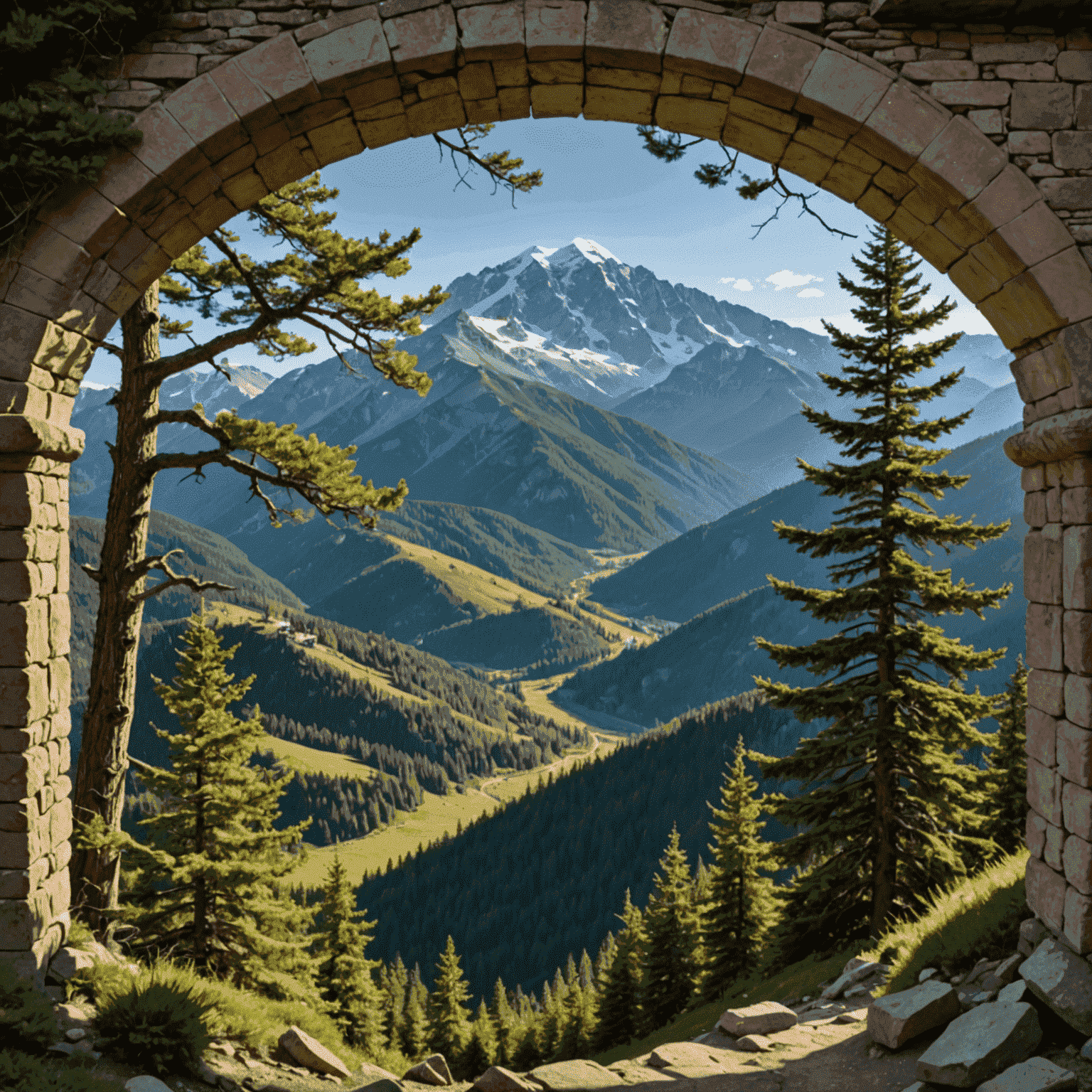 A mountain vista framed by an arch of tree branches, illustrating the framing technique in landscape photography