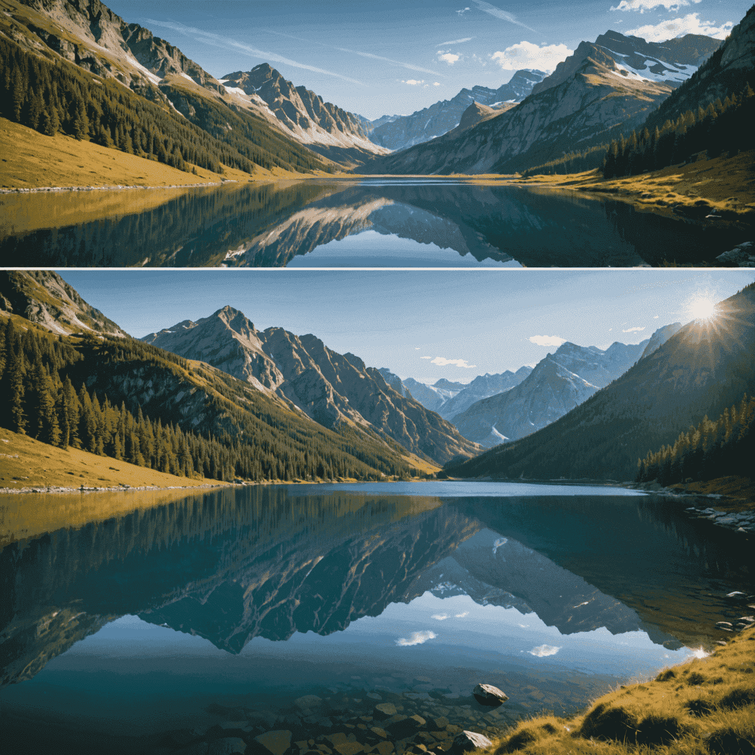 A before and after comparison of a nature photograph showing a serene lake surrounded by mountains. The 'after' image demonstrates the subtle use of vignetting to draw focus to the center of the composition.