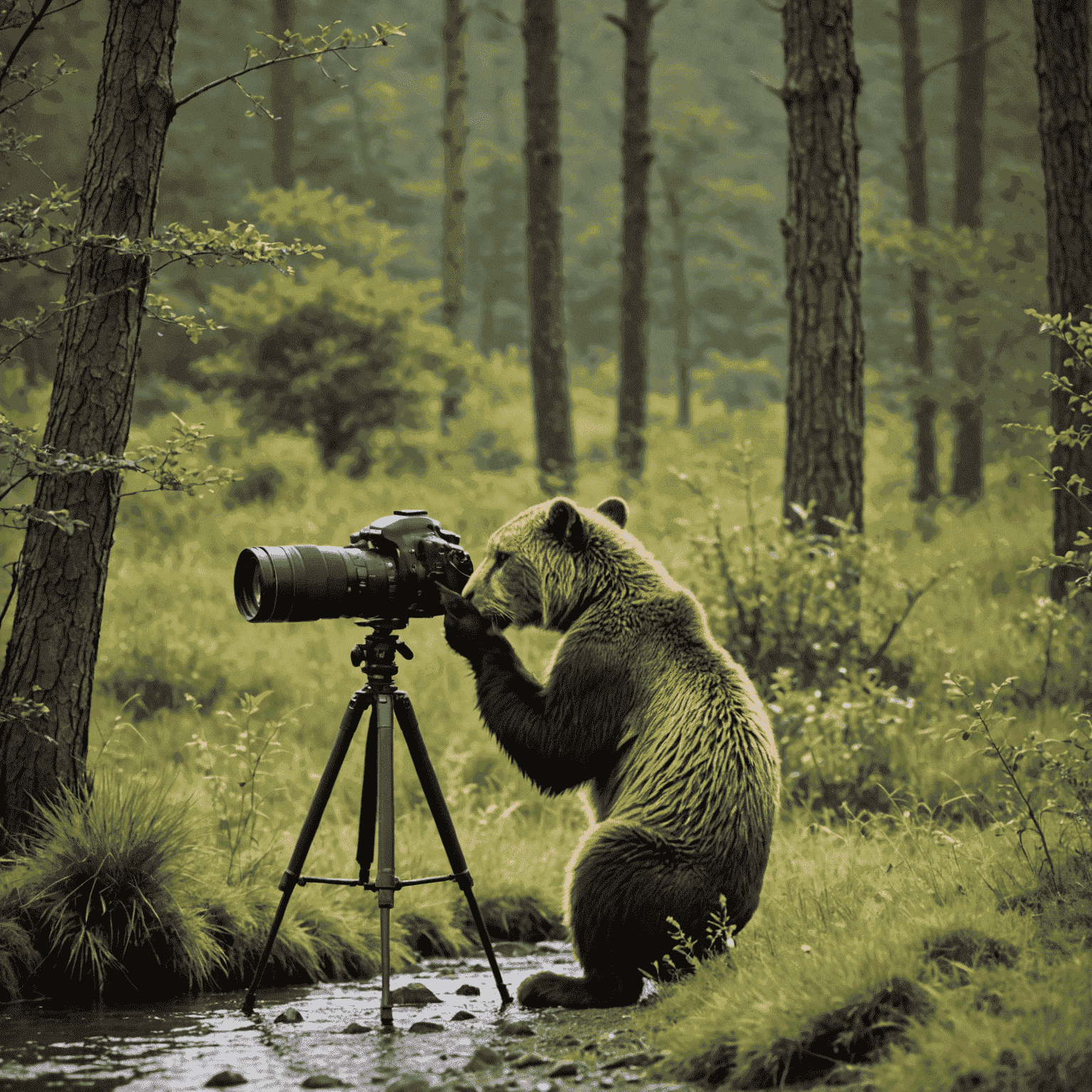 A photographer using a telephoto lens to capture a distant wild animal in its natural habitat