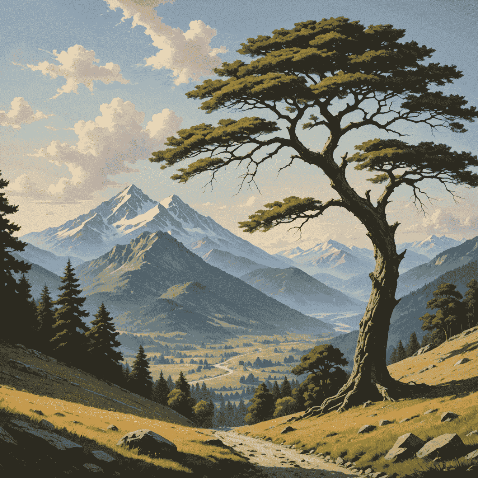 A balanced landscape composition with a large tree on one side and a distant mountain range on the other